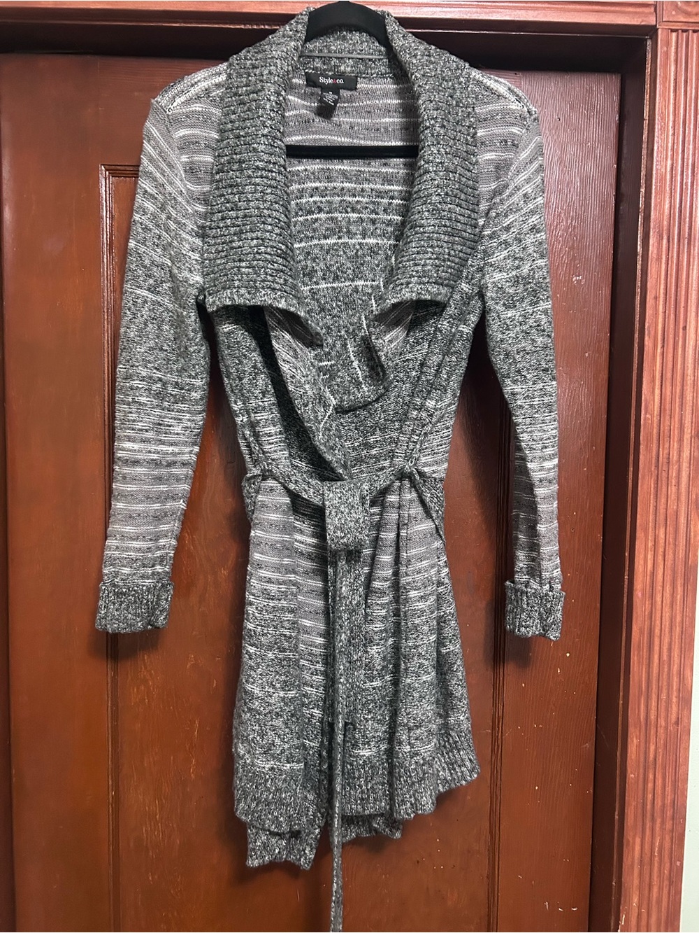 Style & Co. Marled Gray Open-Front Belted Cardigan